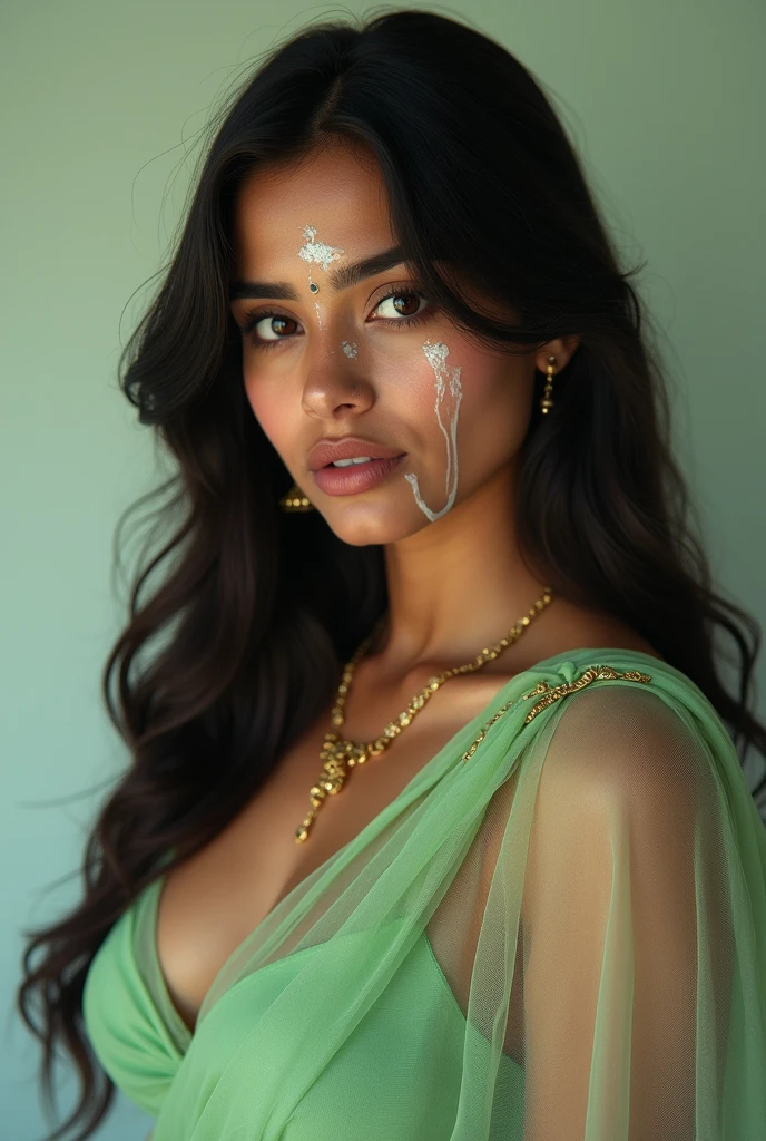 NSFW, masterpiece, best quality, photorealistic, Raw photo, 1girl, kerala girl, beautiful face, beauty queen Nude sexy hot girl, nude girl nipples are visible, Instagram post, light green saree, transparent silk saree, black panties, visible thighs, visible nude Boobs, Boobs are huge, bare_legs, bare_shoulders, bare_arms, visible panties and Nude pussy, seductive_pose, sexy smile, cum is on face, gold jwellers, diamond, nude pussy, girl cum, necklace, golds ornaments