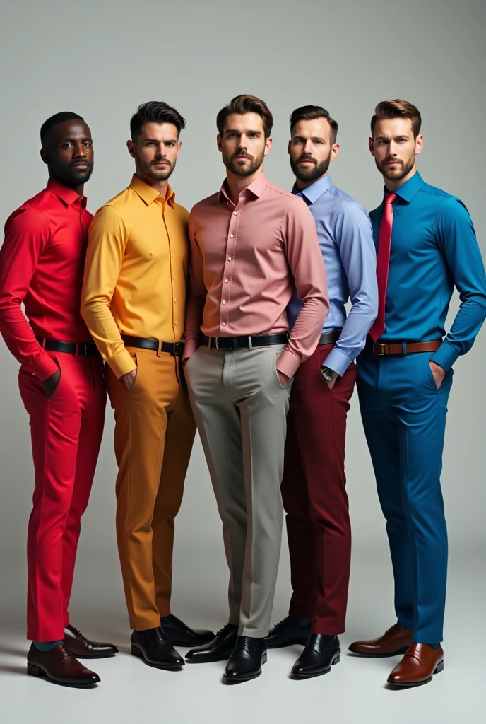 
Show me a photo of men wear 5 best colour combination of formal shirt and pant