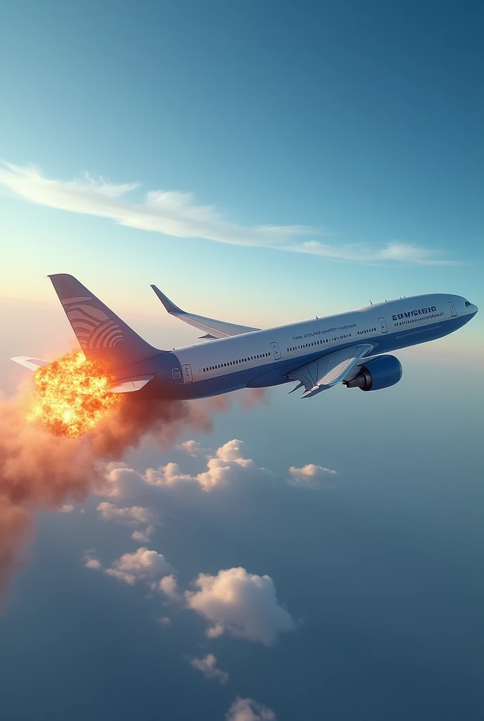 A plane in the sky catching fire at the reactor level of a Boeing