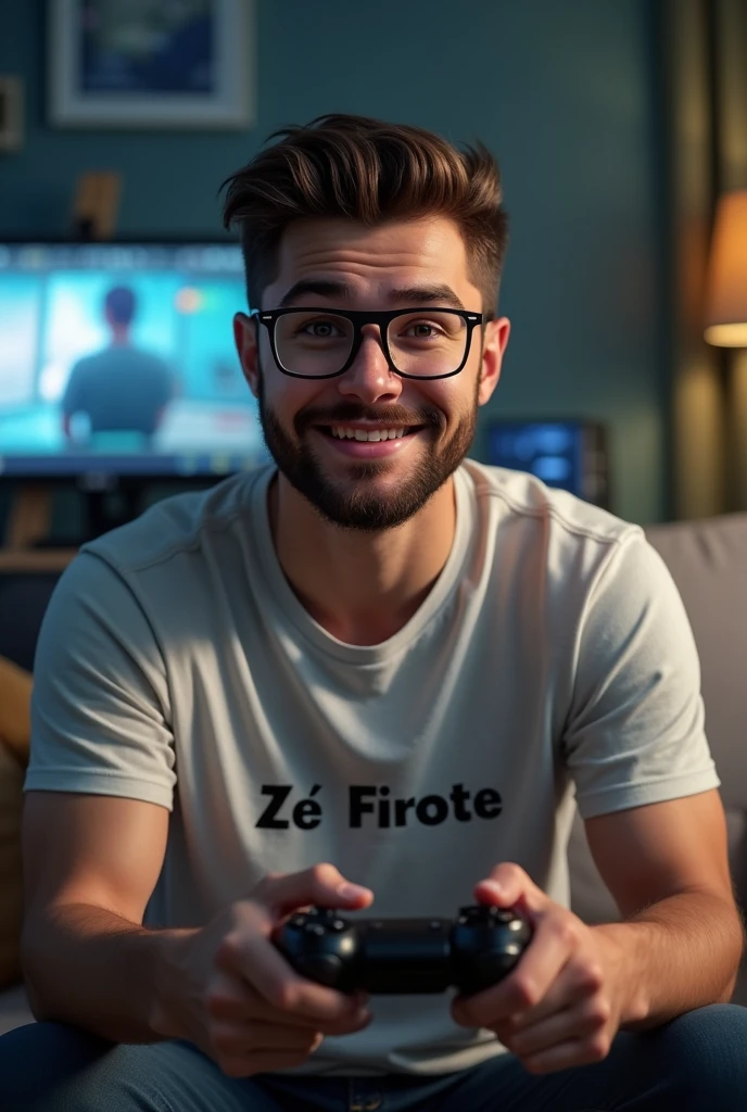 I want a 
man with small beard with glasses with a video game controller in his hand and wearing a t-shirt with Zé Firote written on it.