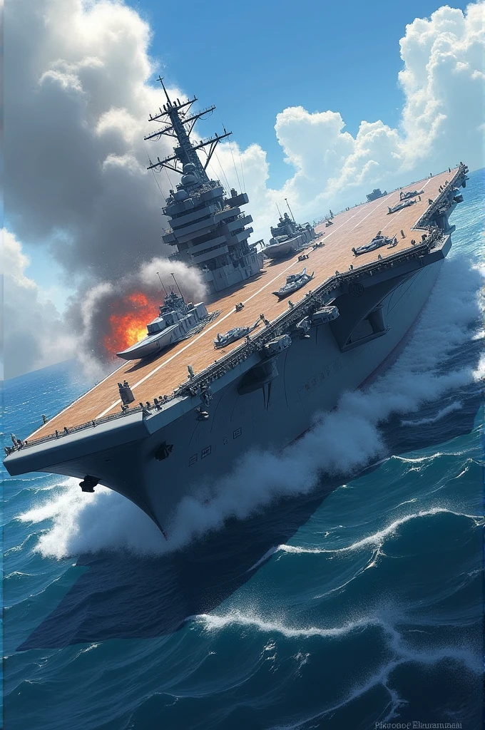Aircraft carrier being torpedoed, clear picture.