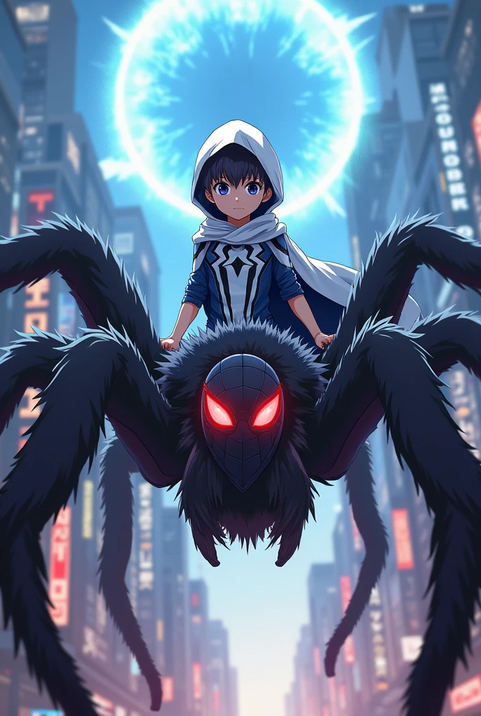 A boy, he is wearing a complete Spider-Man costume, but his colors are white with dark blue and he has a hood on the costume. He is wearing a Spider-Man mask in white and blue. Behind him, there is a magic circle with ghost spider legs coming out. He is riding a huge mutant spider. The spider is very hairy. It has the colors white and black and its eyes are red. They are in a city defeating criminals. The image has to be in anime.