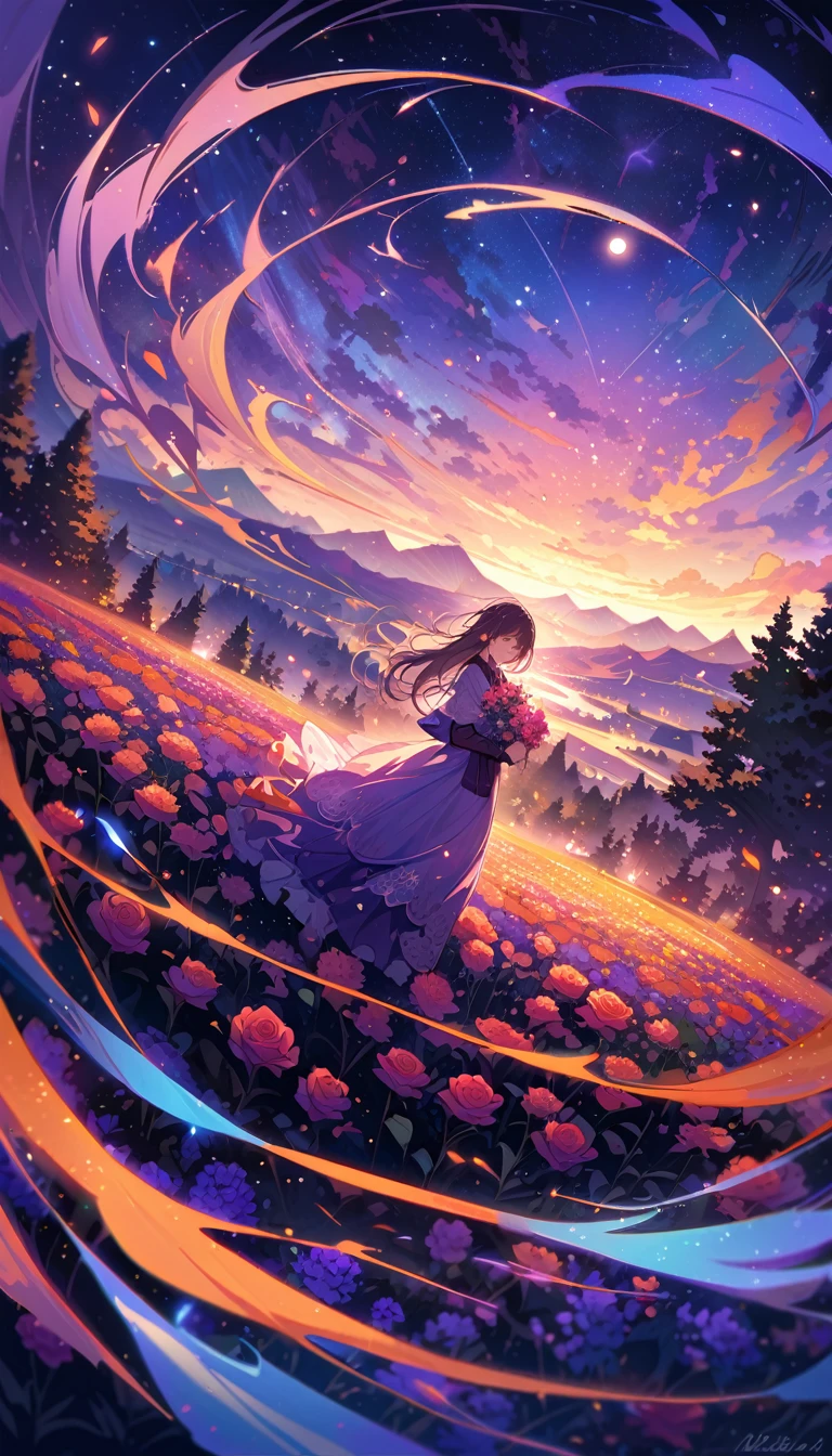 super wide angle,Sky,Open rose fields,(Man and woman hugging in the wind),(full moon:0.9),(nebula:1.1),distant mountains,Tree,(Cold light:1.2),Lots of purple and orange,Rich in details,dream,magic, 8k