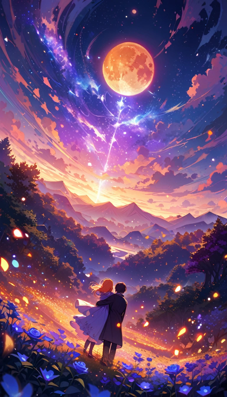 super wide angle,Sky,Open rose fields,(Man and woman hugging in the wind),(full moon:0.9),(nebula:1.1),distant mountains,Tree,(Cold light:1.2),Lots of purple and orange,Rich in details,dream,magic, 8k