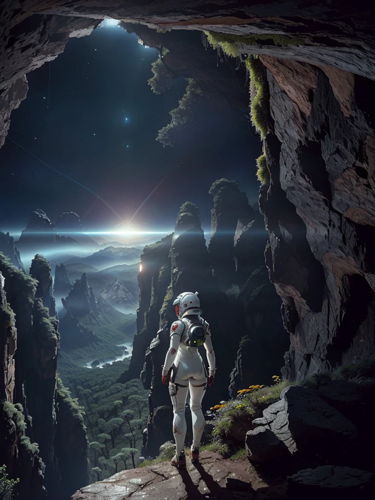 (35mmstyle:1.2), Highly detailed RAW color Photo, Rear Angle, Full Body, of (female space marine, wearing white and red space suit, futuristic helmet, tined face shield, rebreather, accentuated booty), outdoors, (standing on Precipice of tall rocky mountain, looking out at magical lush green rain forest on alien planet), vivid detail, (exotic alien planet), toned body, big butt, (sci-fi), (mountains:1.1), (lush green vegetation), (two moons in sky:0.8), (highly detailed, hyperdetailed, intricate), (lens flare:0.7), (bloom:0.7), particle effects, raytracing, cinematic lighting, shallow depth of field, photographed on a Sony a9 II, 35mm wide angle lens, sharp focus, cinematic film still from Gravity 2013, viewed from behind, dynamic angle