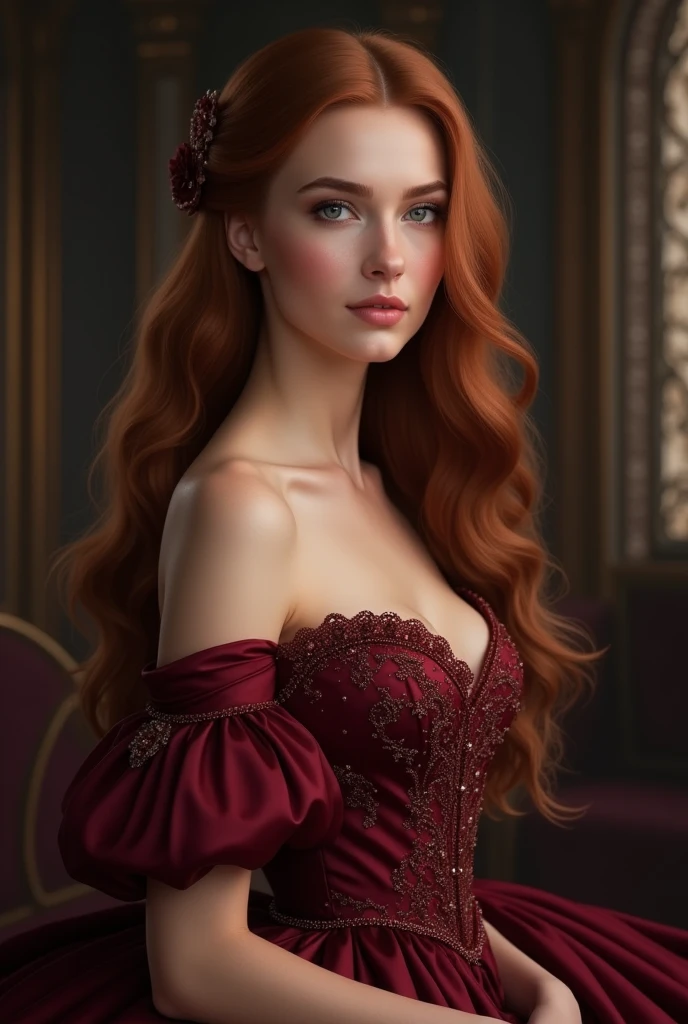 A princess in a wine-colored dress with long, wavy hair