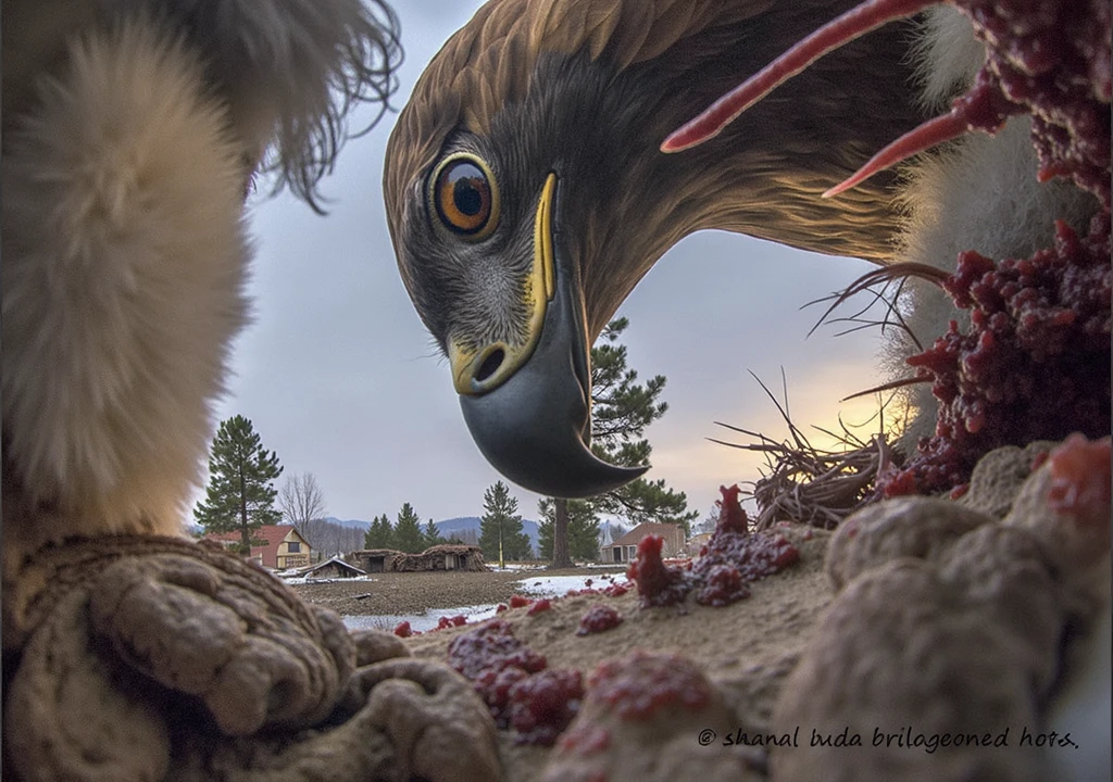 A unique perspective from inside the prey, capturing a Golden Eagle feeding on a Red Fox. The image is framed by the fox's fur and blood-stained surroundings, with the powerful bird of prey tearing into the flesh with its sharp beak and claws. The eagle's golden feathers are highlighted against the rich red tones of the fox's fur, and the intense focus in the eagle's eyes adds a dramatic tension to the scene. This scene was the winning entry in the 'Bird' category at the 2017 Nordic Nature Photography Competition (NNPC).