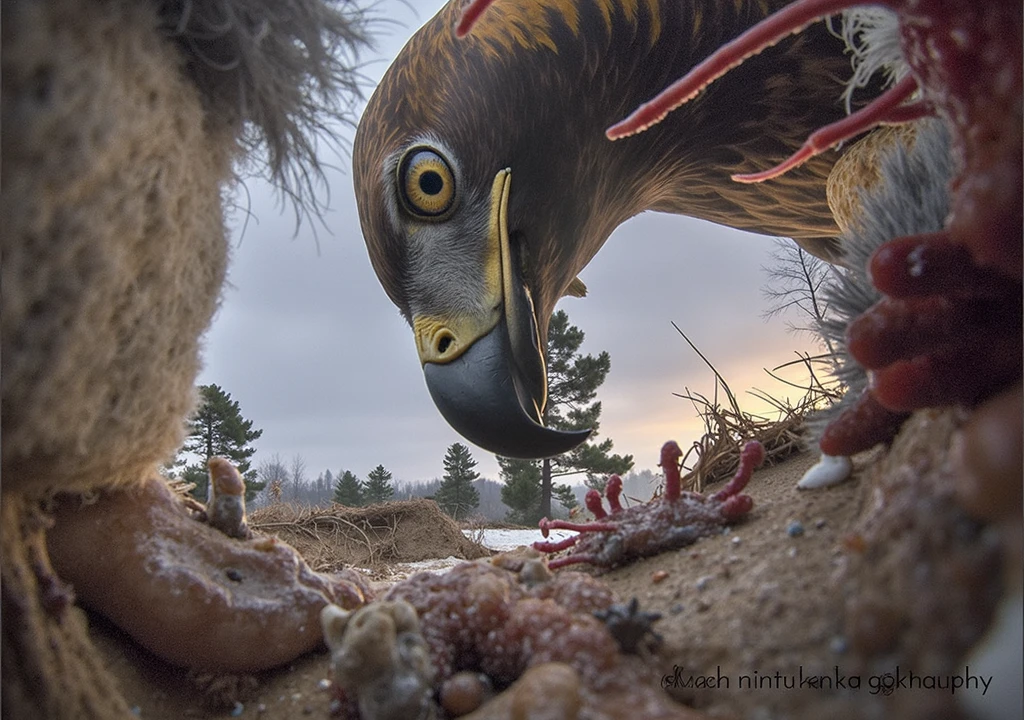 A unique perspective from inside the prey, capturing a Golden Eagle feeding on a Red Fox. The image is framed by the fox's fur and blood-stained surroundings, with the powerful bird of prey tearing into the flesh with its sharp beak and claws. The eagle's golden feathers are highlighted against the rich red tones of the fox's fur, and the intense focus in the eagle's eyes adds a dramatic tension to the scene. This scene was the winning entry in the 'Bird' category at the 2017 Nordic Nature Photography Competition (NNPC).