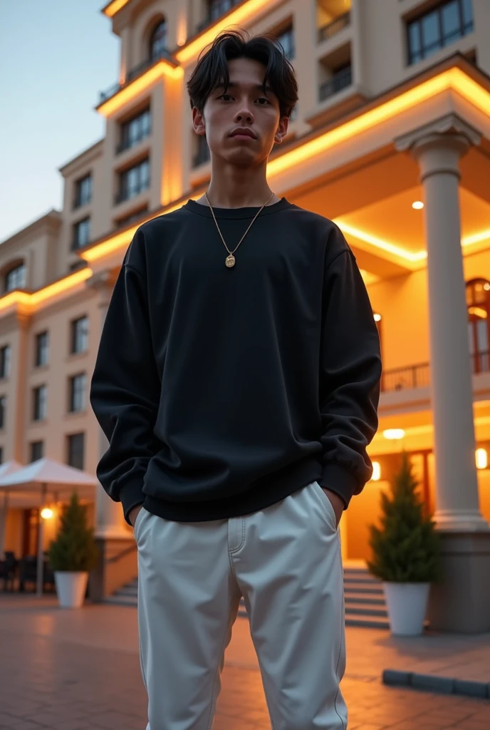 adolescent homem vestido de black sweatshirt. black jersey, e White pants, with short hair down to the neck, brown skin, Bblack hair, do lado de fora de um luxury hotel muito bem iluminado, a camera está no chao mirando no adolescent com o hotel atras, adolescent, brown skin, dark hair, black sweatshirt, black jersey, White pants, hair up to the neck, hotel, luxury hotel, Lighting,