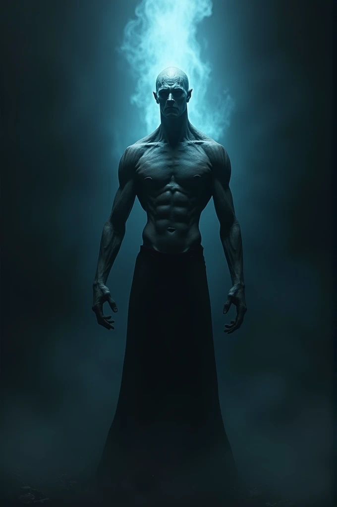 I want you to generate a slender but strong humanoid being, with a penetrating gaze. The background should be dark and behind the being&#39;s head a faint blue splendor should emerge