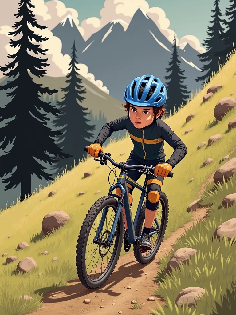 Cool cyclist, boy in a helmet , Blue helmet,  mirror glass , cartoon, Realistic photography, high quality, There is a mountain landscape around the boy , There is a mountain bike nearby. The boy&#39;s clothing is a tracksuit with fall protection , knee pads , gloves. 