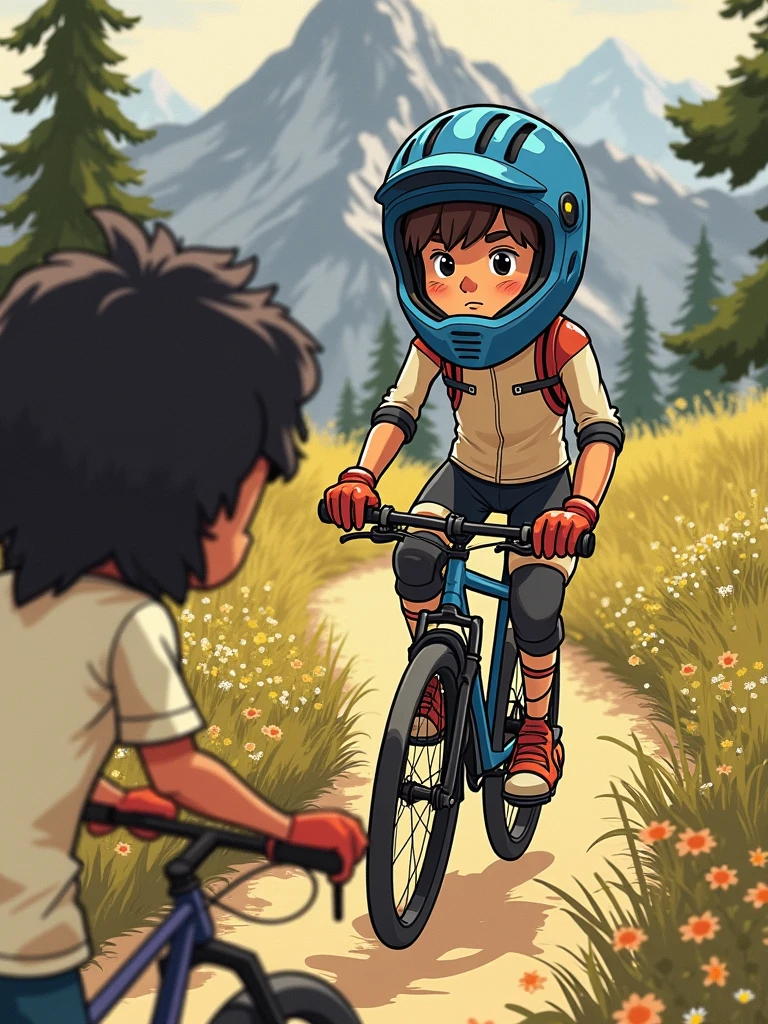 Cool cyclist, boy in a helmet , Blue helmet, mirror glass , cartoon, Realistic photography, high quality, There is a mountain landscape around the boy , There is a mountain bike nearby. The boy's clothing is a tracksuit with fall protection , knee pads , gloves.