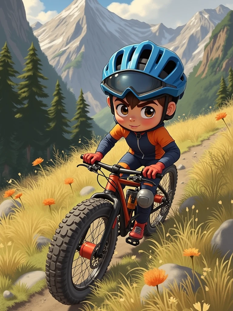 Cool cyclist, boy in a helmet , Blue helmet, mirror glass , cartoon, Realistic photography, high quality, There is a mountain landscape around the boy , There is a mountain bike nearby. The boy's clothing is a tracksuit with fall protection , knee pads , gloves.