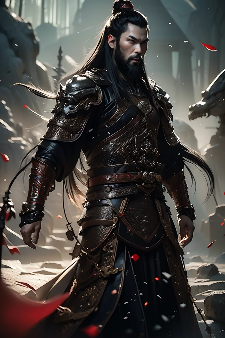 a man with long black braided hair and black eyes wearing black and red Chinese skin armor over traditional clothes, blood red tones, bringing power and danger to the image, he has a thin and imposing beard and has expressions of older age, man older with beard (best quality, 4k, 8k, high resolution, art - prime: 1.2), ultra detailed, (realistic, photorealistic, photorealistic: 1.37), extremely detailed eyes and face, long eyelashes, black armor details Intricate, traditional Chinese robes, flowing hair, black and red color palette, powerful and serene expression, dramatic lighting, cinematic composition, award-winning digital art
