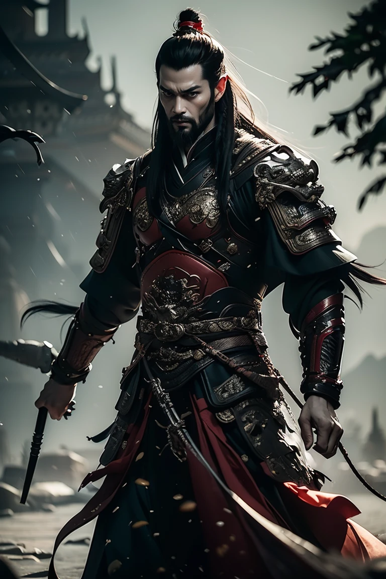 a man with long black braided hair and black eyes wearing black and red Chinese skin armor over traditional clothes, blood red tones, bringing power and danger to the image, he has a thin and imposing beard and has expressions of older age, man older with beard (best quality, 4k, 8k, high resolution, art - prime: 1.2), ultra detailed, (realistic, photorealistic, photorealistic: 1.37), extremely detailed eyes and face, long eyelashes, black armor details Intricate, traditional Chinese robes, flowing hair, black and red color palette, powerful and serene expression, dramatic lighting, cinematic composition, award-winning digital art
