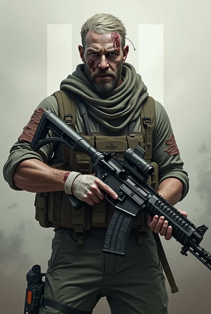A scary wounded solder holding a m416 and the photo should be like logo of pubg a deadly type