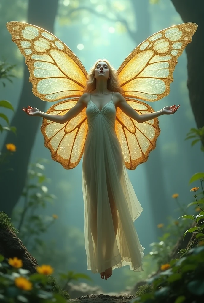 Simple butterfly cocoon with a woman slowly emerging from it and then turning into a woman with butterfly wings