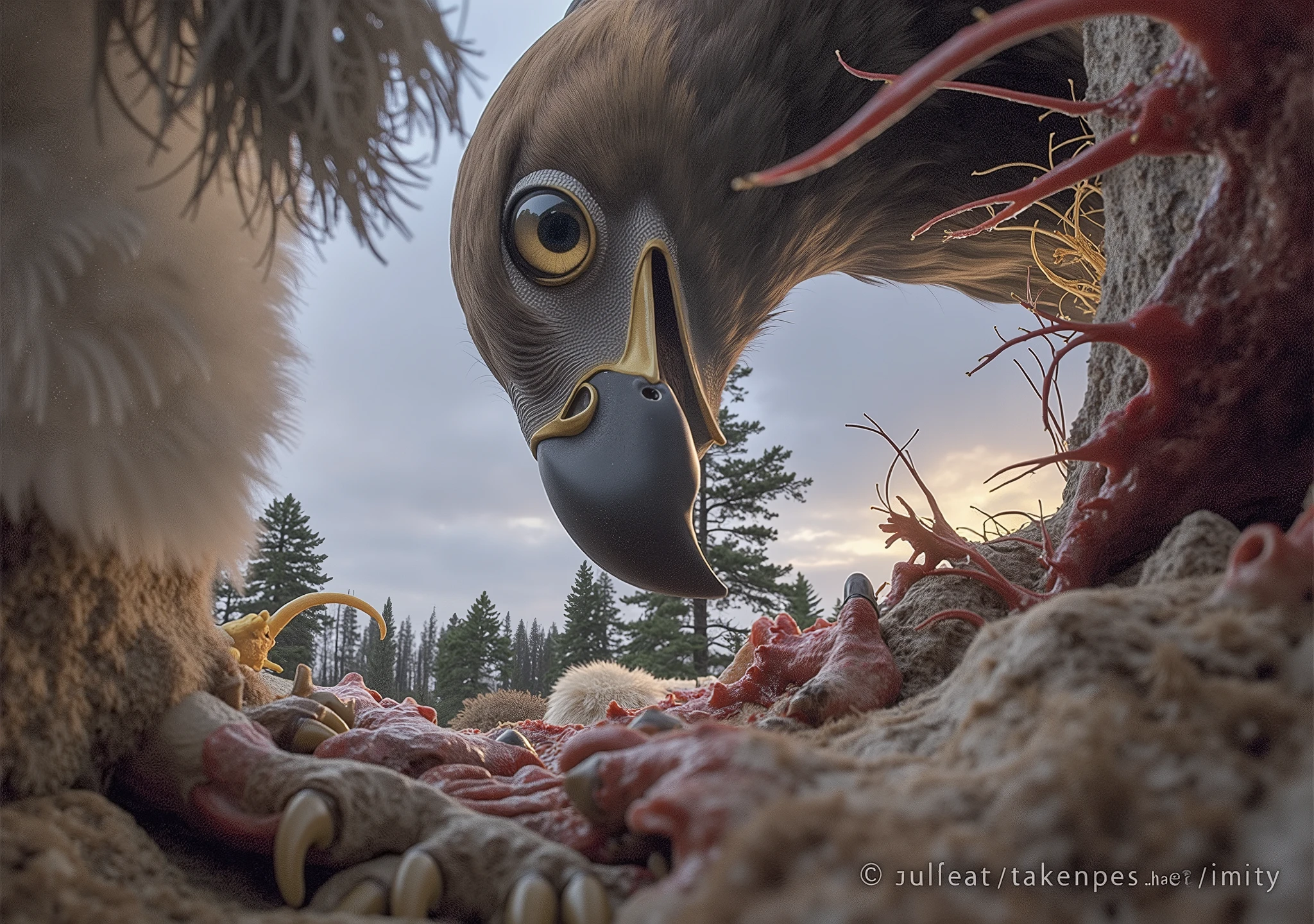 The camera is inside the body of a prey, through the camera you can see parts of the prey like a frame, Inside the prey you can see the Golden Eagle feeding on the remains of this prey. with the powerful bird of prey tearing flesh with its sharp beak and claws. The eagle&#39;s golden feathers stand out against the rich red tones of the fox&#39;s fur, and the intense focus on the eagle&#39;s eyes adds dramatic tension to the scene.

