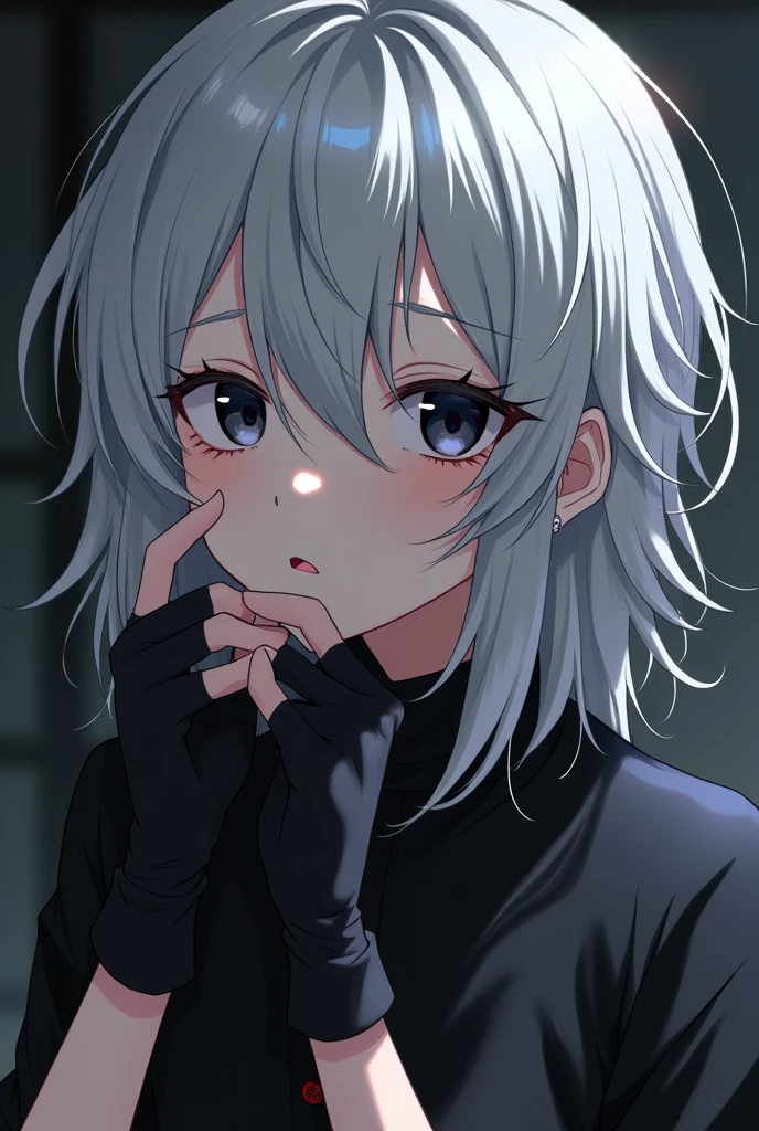 Female, anime style, bored expression, messy hair, white hair, black eyes, black clothing, small boob window, closeup on head, mature face, black fingerless gloves, no sleeves