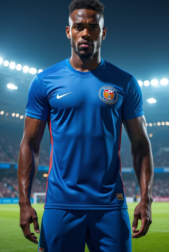 A blue interclass shirt with a blind football theme
