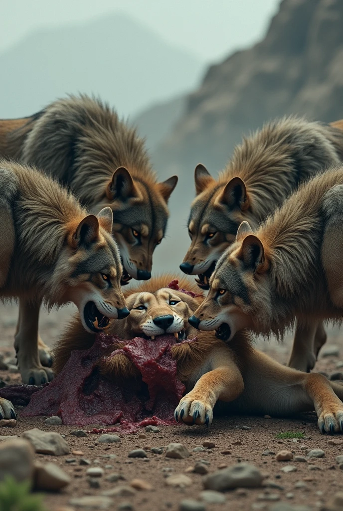 Wolves devouring a dead lion without showing blood