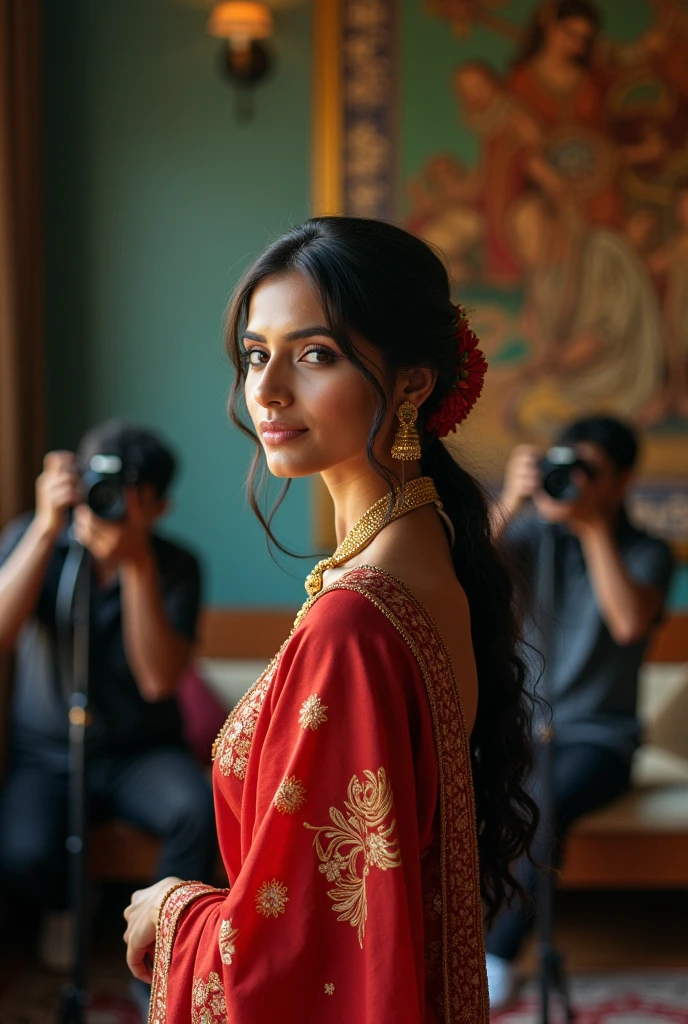 Photgrapher cameras team with a indian model in a room realistic