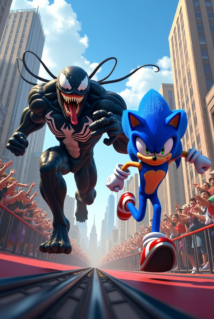 There is a race going on between venom and Sonic. Many people have come to watch this race and they are happy.