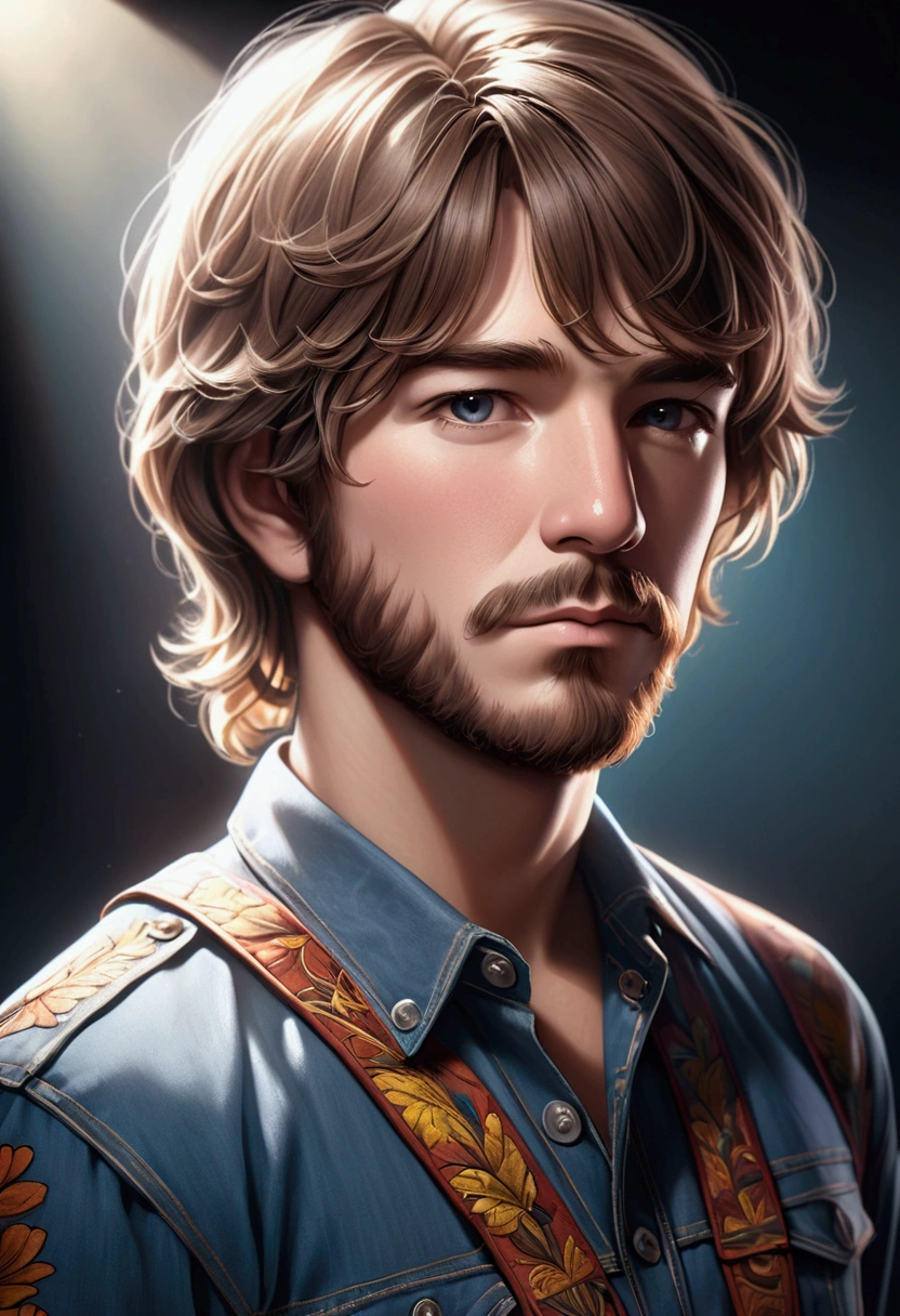 a creedence clearwater revival band member, detailed portrait, photorealistic, highly detailed, realistic, ultra-detailed, sharp focus, physically-based rendering, 4k, high resolution, best quality, masterpiece, studio lighting, vivid colors, dynamic lighting, dramatic shadows, dramatic lighting, environmental portrait, atmospheric, moody, cinematic