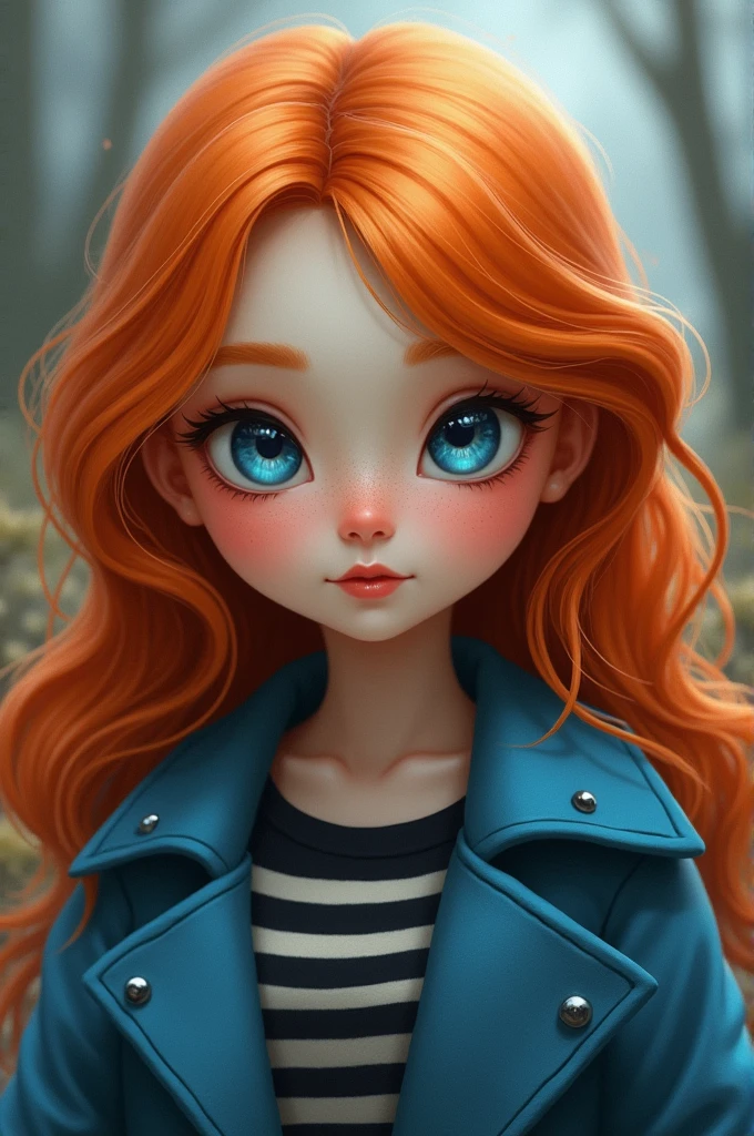 Girl with orange hair, blue coat, white skin color, black striped shirt, blue eyes