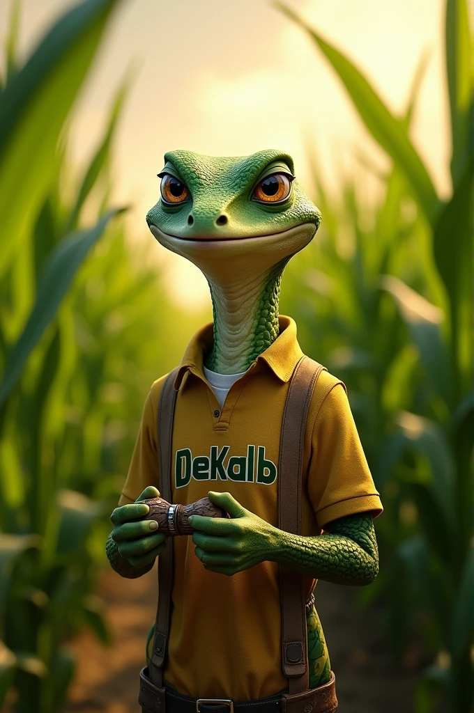 i would like an image of a character of 'Rango the lizard' standing in the middle of a cornfield. The character should be holding manual counters, like the ones used to count objects or people. The environment should be detailed, with tall, green corn, and the character should be in a pose that reflects that they are counting something important in the field. Additionally, please include a logo of the Dekalb brand in the lizard’s shirt