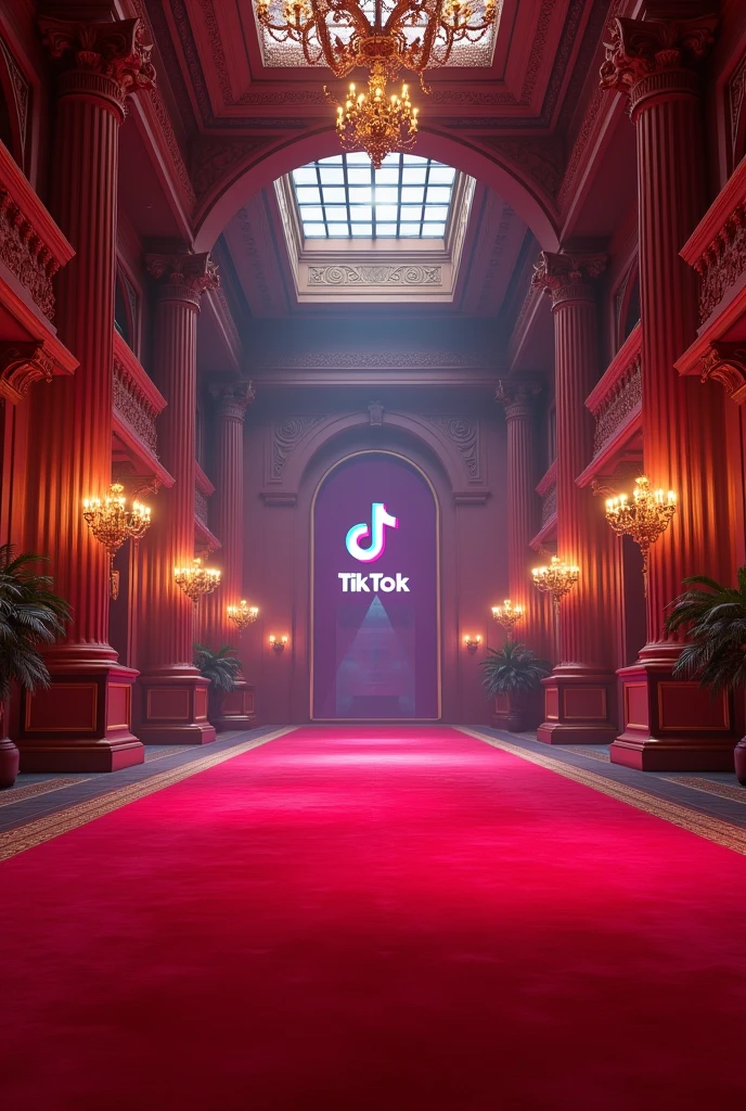 A large hall with red carpet and TikTok signsA large hall with a red carpet and TikTok signs with lighting