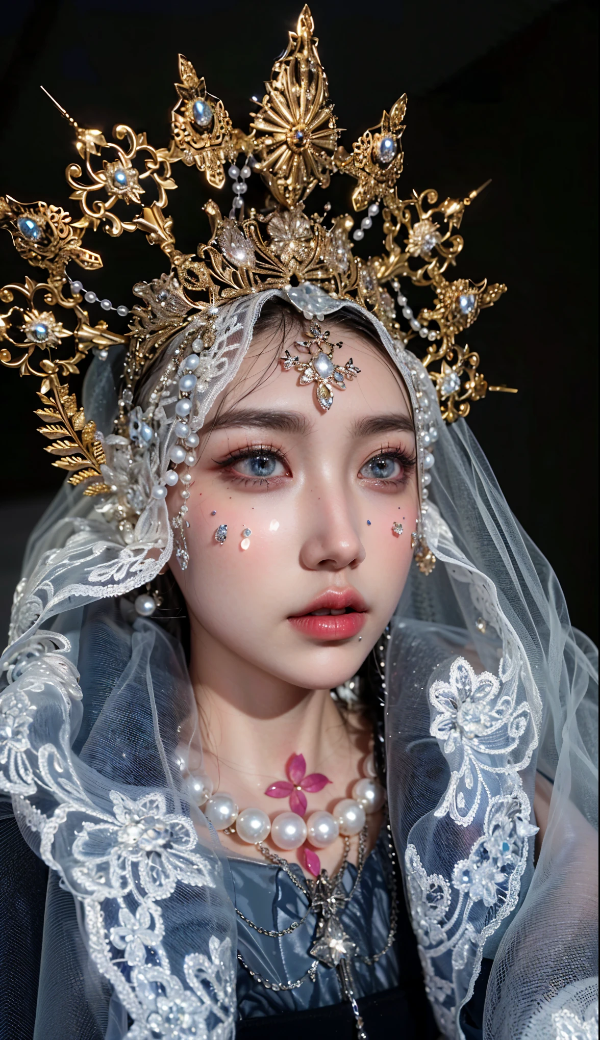 Game Art,Best image quality,Maximum resolution,8K,(A bust photo),(portrait),(Head close-up),(Rule of Thirds),Unreal Engine 5 rendering works,20 year old girl,((Queen)),The eyes are very detailed,(Large Breasts),Elegance and nobility,Movie Light,Ray Tracing,Game CG,((3D Unreal Engine)),OC rendering reflection mode,4K,Ultra-clear,Translucent lace,Fair and plump figure,Pretty Face,Glossy Gel Coat,身着华贵礼服的Queen,Necklace jewelry,Dark blue pupils(Like the eyes of the starry sky),There are exquisite tattoos on the body,Wear a printed lace dress,Saint wearing a crown