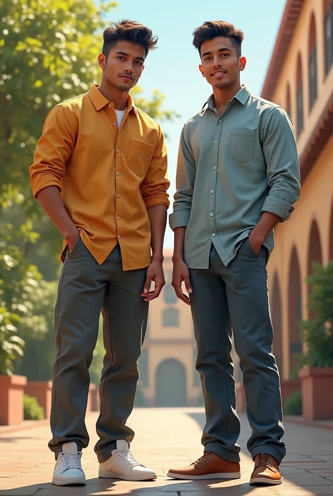 (photorealism:1.2), two beautiful mans, glasses, "peruvians", 20´s,university, tall, short hair, no beard, casual clothing, engineers, soft lighting, relaxed pose, realistic, intricate details, warm colors, by Greg Rutkowski, by Alphonse Mucha