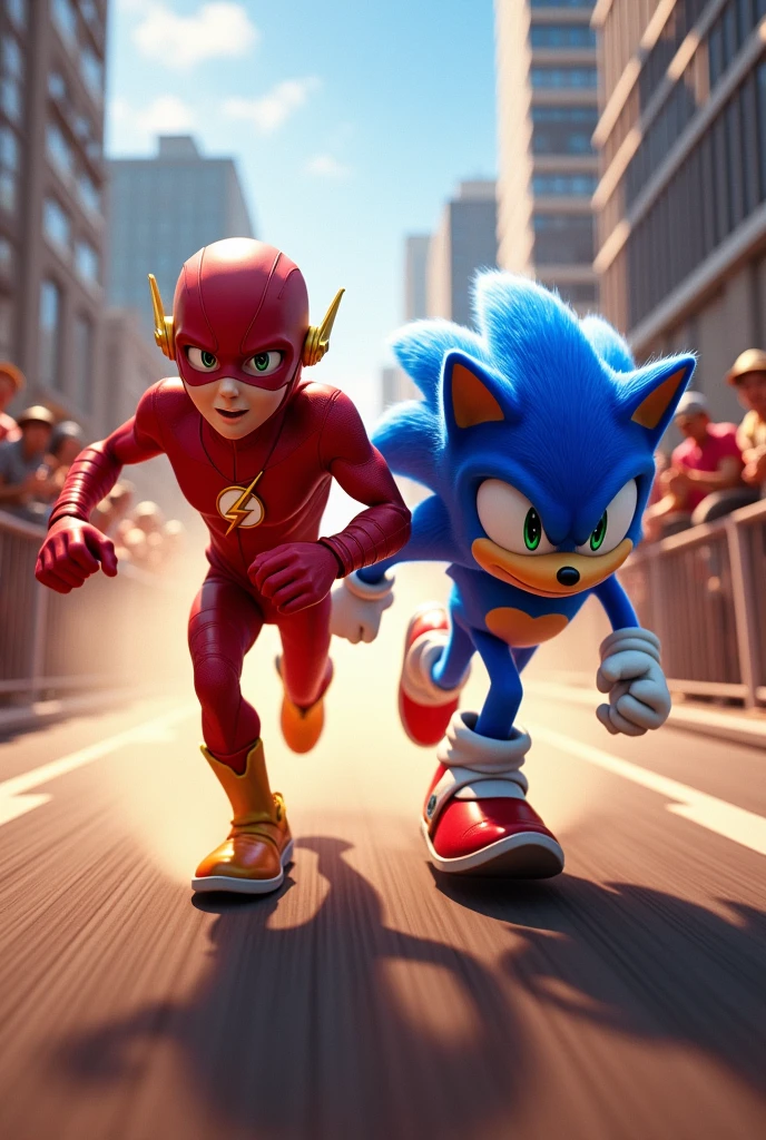 There is a race going on between flash and Sonic. Many people have come to watch this race and they are happy.