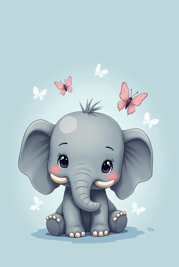 Illustrate an simple chibi grey elephant with every little detail defined to enhance the elephant. positioned in a playful pose facing sideways. The elephant's large, expressive eyes sparkle with innocence, and cute little elephant tusks on ots face. Surround it with little butterlys and a blank blue background. evoking a sense of wonder and magic