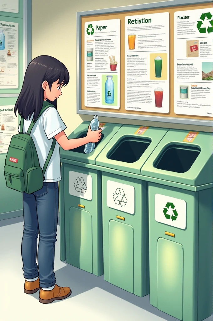 Create me a drawing of a well-identified recycling bin with different compartments for paper., plastic and glass. Around the trash can, There are educational posters that explain the importance of recycling.. A student is placing a plastic bottle in the corresponding compartment.