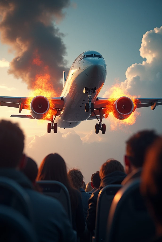 The plane catches fire in the sky at the level of the wing engines and the windows
