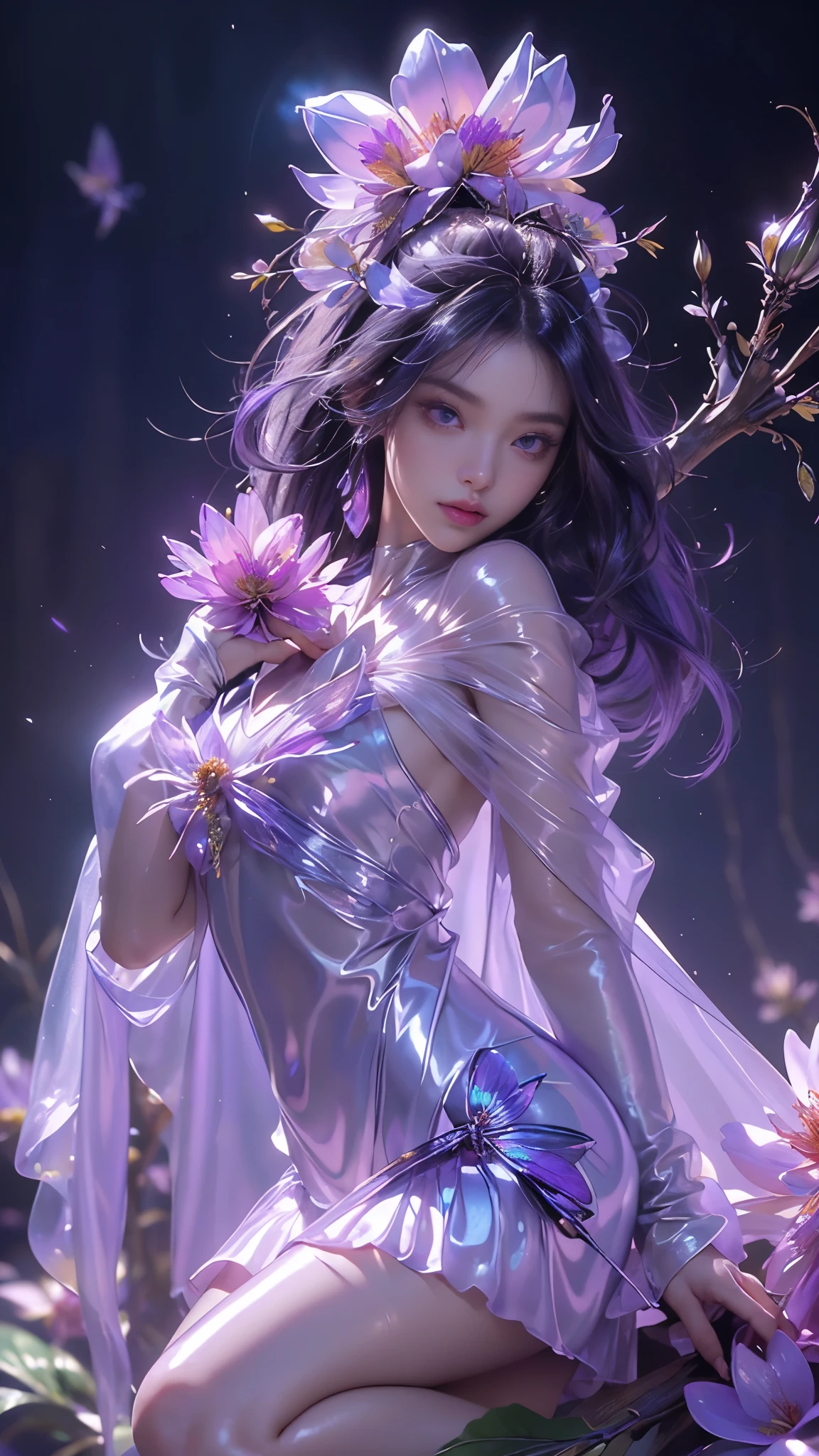 8k, masterpiece, 1 girl, beautiful face, very long hair, light makeup, (glossy skin:1.5), detailed eyes, detailed lips, small bust, short clothing, dragonfly, ((purple dragonfly clothing)), ((flowing cape)), light clothing, (flower falling:1.5), god rays, depth of field, ray tracing,