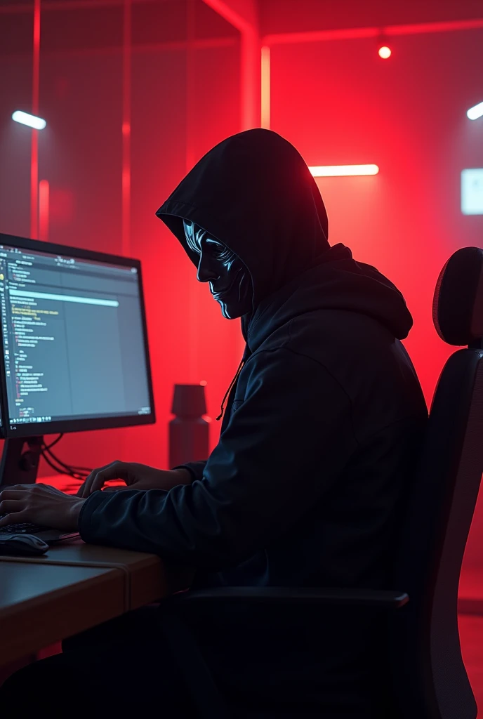 The animation man sit in the chair whit mask work in pc
And red danger lighting vfxbackground and look in front and the man face hides danger