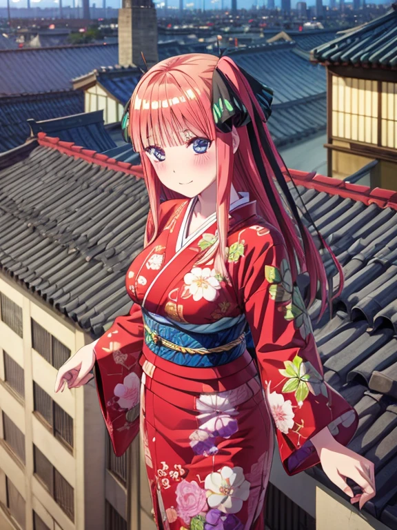 best quality, insanely detailed, nino nakano, breasts, blush, looking at viewer, cheerful eyes, arousal, kimono, highleg kimono, athletic kimono, tight kimono, pussy, roof top background, airwalking