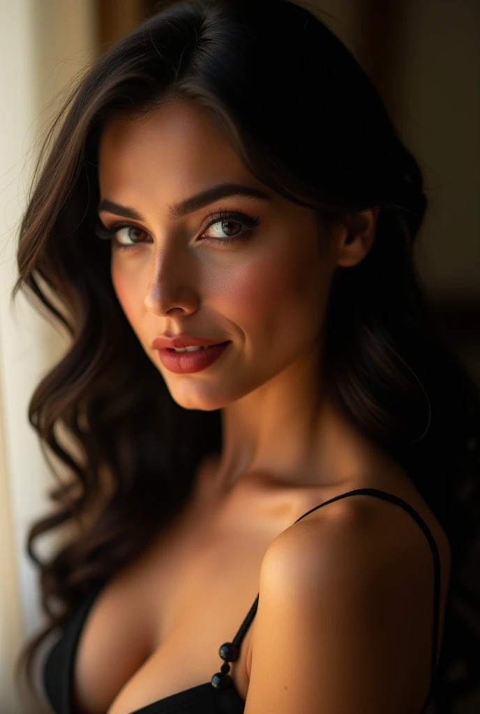 Beautiful woman with Latin features and red lips with cleavage photo taken from above