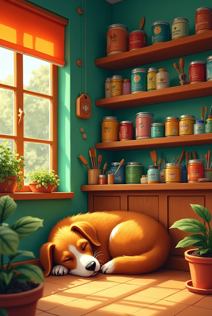 A paint store, its primary colors are orange and green, and your mascot is a caramel dog, I want an image where the caramel appears sleeping in its corner of the store.

