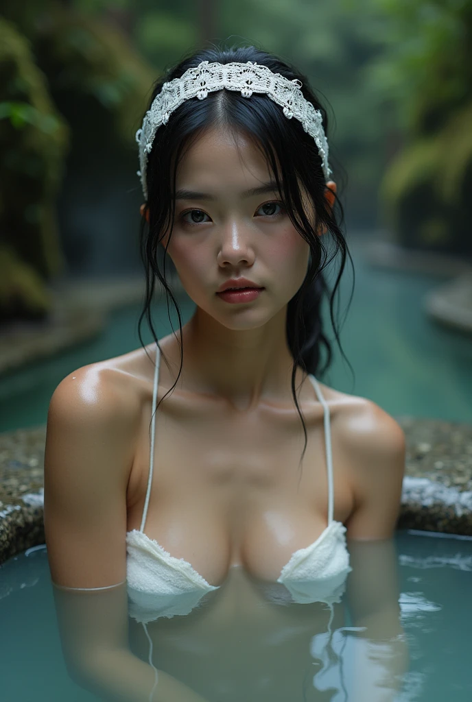 best quality, Masterpiece, Ultra high resolution, Supermodel soaks in hot springs in Japan, Outdoor hot spring, stone hot spring, Surrounded by moss and trees, Very beautiful face, pure body, The pores are clearly visible., (smile:0.8), Wear separately (Lace headband:1.2), (realism:1.5), original photo, body drenched, covered with sweatงเห็นรูขุมขนชัดเจน, (smile:0.8), Wear separately (Lace headband:1.2), (realism:1.5), original photo, body drenched, covered with sweat, bare shoulders, in the dark, deep shadow, low voice, cool light
