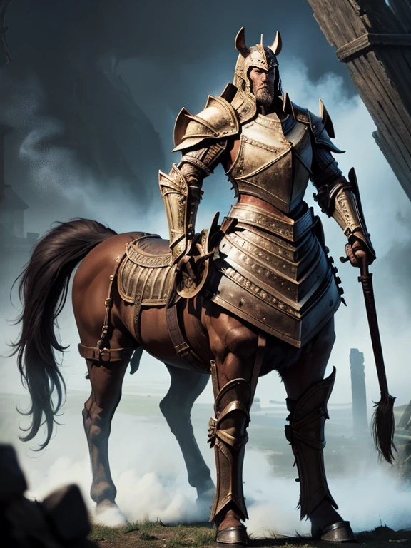 Half-beast with the body of a horse and the upper body of a human、A half-beast warrior man with the upper body of a muscular human man wearing knight armor and the torso of a horse.、The head is 50/50 merge between a mans face and a male horses face, 