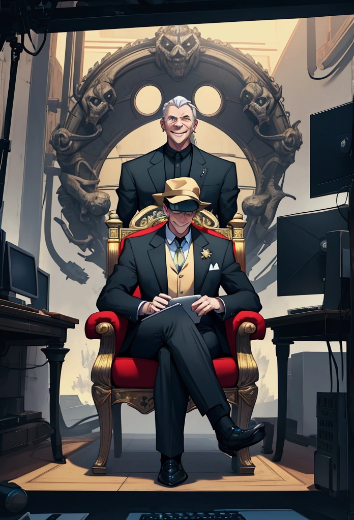 2D animation a man in a suit sitting on a throne smiling wickedly while a worker works on the computer in front of him totally exhausted and sad