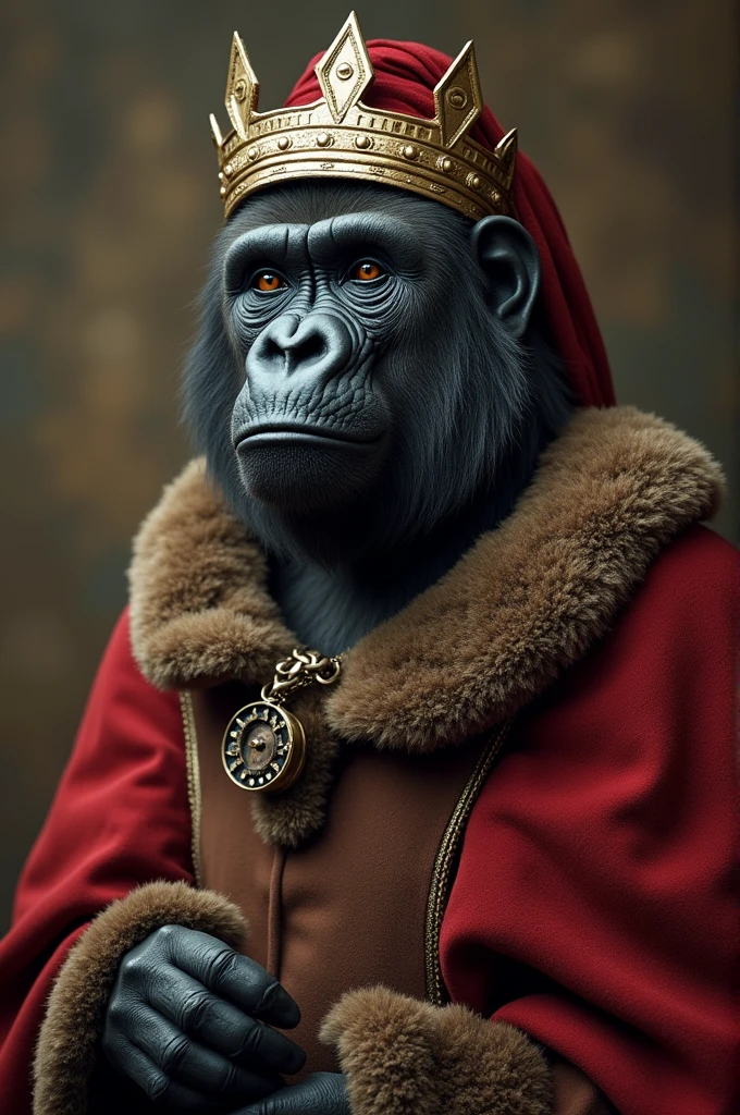 A gorilla dressed as a person from the Middle Ages

