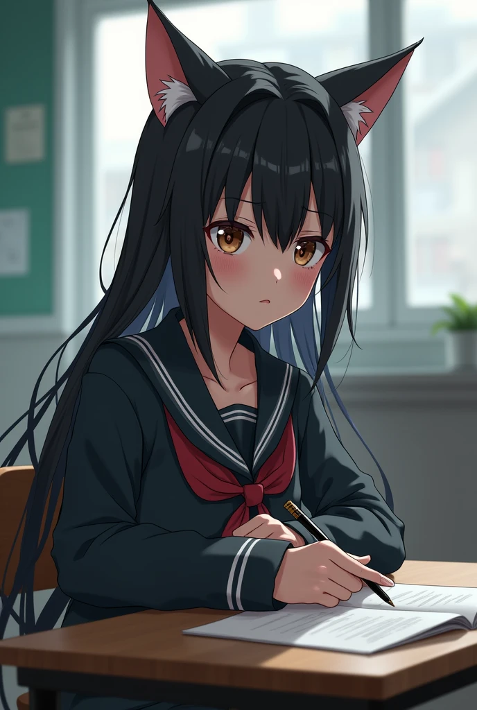 **Prompt:** The cat girl with a defiant, "bad girl" expression is seated at her desk in a classroom, her attention shifting from her studies to a handsome boy across the room. Her slightly rumpled student uniform contrasts with the neat, organized classroom setting. The cat girl’s tough demeanor softens slightly as she gazes at the boy, who is focused on his work, unaware of her gaze. The scene captures the tension between her rebellious attitude and the budding feelings she tries to hide. Render in 4K.