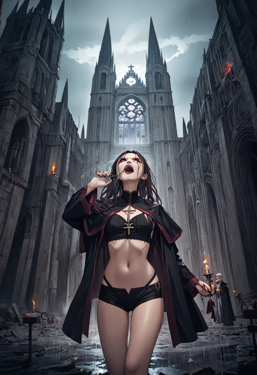 (Woman: 2), standing outside massive gothic cathedral, raining, dark stormy night, wearing ornate male catholic priest robes, robes open revealing booty shorts and crop top, holding rosary, rosary burning her hand, smoke coming off hand, mouth open in a painful scream, vampire fangs, look of pain and regret on face,