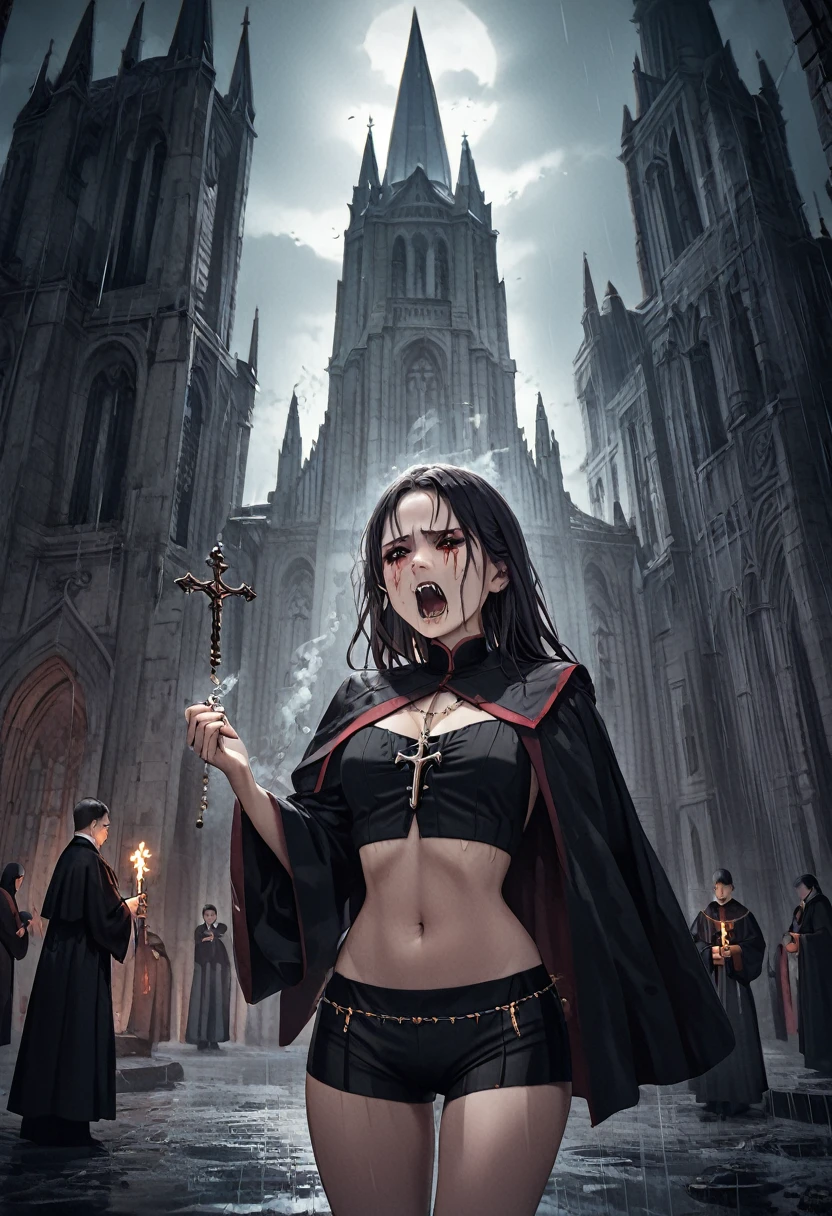 (Woman: 2), standing outside massive gothic cathedral, raining, dark stormy night, wearing ornate male catholic priest robes, robes open revealing booty shorts and crop top, holding rosary, rosary burning her hand, smoke coming off hand, mouth open in a painful scream, vampire fangs, look of pain and regret on face,