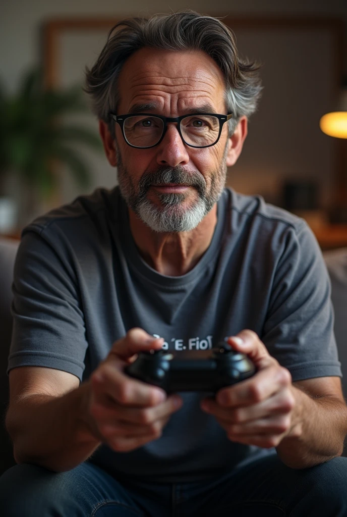 I want a 
man with 50 year with small beard with glasses with a video game controller in his hand and wearing a t-shirt with Zé Firote written on it.